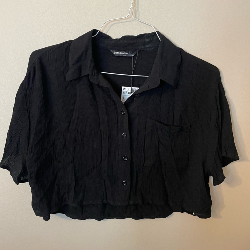 Stradivarius Women’s Black Button Down Cropped Shirt Blouse Top Size large